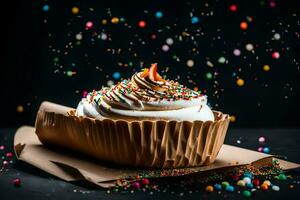 une petit gâteau avec Glaçage et arrose sur une noir Contexte. généré par ai photo