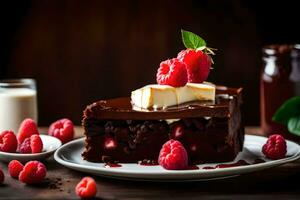 une pièce de Chocolat gâteau avec framboises et lait. généré par ai photo