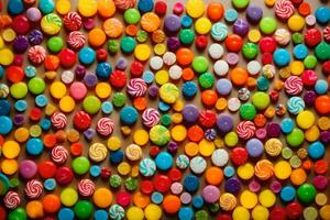 une grand groupe de coloré des sucreries arrangé dans une modèle. généré par ai photo