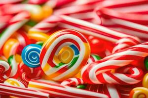 une pile de coloré bonbons cannes. généré par ai photo