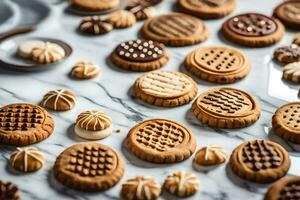 une table avec biscuits et autre biscuits sur il. généré par ai photo