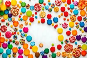 coloré bonbons des sucreries sur blanc Contexte. généré par ai photo