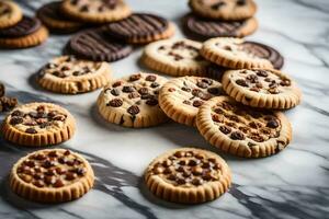 une variété de biscuits sur une marbre comptoir. généré par ai photo