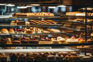 beaucoup différent les types de des pâtisseries sont sur afficher dans une boulangerie. généré par ai photo