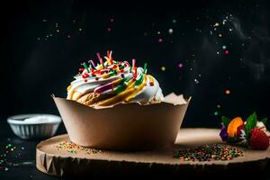 une petit gâteau avec arrose et coloré confettis. généré par ai photo