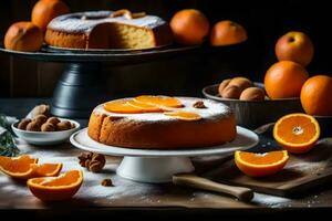 une gâteau avec des oranges sur une plaque. généré par ai photo