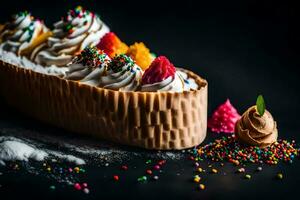 une dessert avec fouetté crème et arrose. généré par ai photo