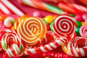 beaucoup coloré bonbons sucettes sont épars sur une rouge surface. généré par ai photo