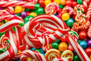 beaucoup bonbons cannes sont arrangé dans une pile. généré par ai photo