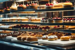 beaucoup différent les types de des pâtisseries sont sur afficher dans une boulangerie. généré par ai photo