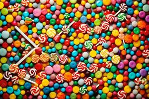 une coloré bonbons mur avec beaucoup différent des sucreries. généré par ai photo