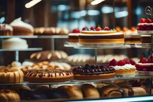 beaucoup différent les types de Gâteaux sont sur afficher dans une boulangerie. généré par ai photo