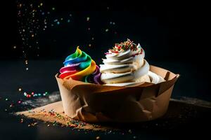 une petit gâteau avec arc en ciel arrose et fouetté crème. généré par ai photo