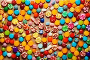 coloré bonbons bonbons sur une marron Contexte. généré par ai photo
