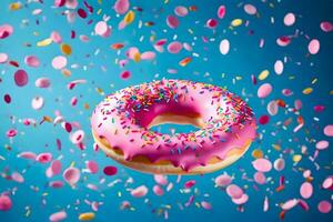 une rose Donut avec arrose et confettis chute de le ciel. généré par ai photo