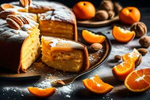 Orange gâteau avec tranches sur une noir Contexte. généré par ai photo