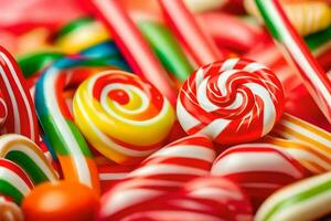 beaucoup coloré bonbons des sucreries sont arrangé dans une pile. généré par ai photo