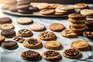 divers biscuits et des biscuits sur une marbre tableau. généré par ai photo