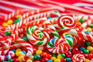 une pile de coloré bonbons cannes et bonbons. généré par ai photo