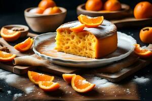 une pièce de gâteau avec Orange tranches sur une plaque. généré par ai photo