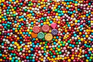 coloré bonbons des balles et sucettes sur une tableau. généré par ai photo