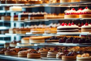 beaucoup différent les types de Gâteaux sont sur afficher dans une boulangerie. généré par ai photo