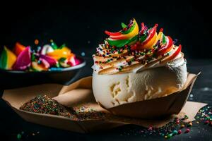 la glace crème avec arc en ciel arrose sur une noir Contexte. généré par ai photo