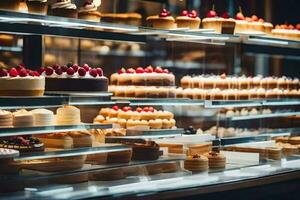 beaucoup différent les types de Gâteaux sont sur afficher dans une boulangerie. généré par ai photo