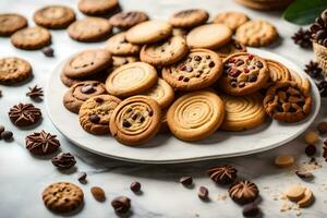 une assiette de biscuits et autre biscuits sur une marbre surface. généré par ai photo