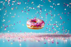 une Donut avec arrose sur une bleu Contexte. généré par ai photo