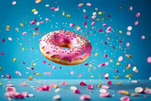 une Donut avec arrose et confettis chute de le ciel. généré par ai photo