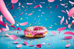 une Donut avec rose glaçage et arrose sur une bleu Contexte. généré par ai photo