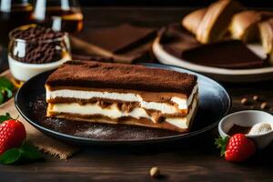 une tranche de Chocolat gâteau avec des fraises et café. généré par ai photo