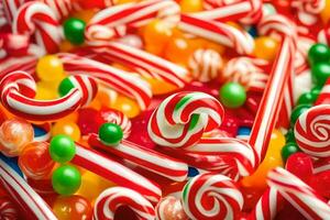 une pile de bonbons cannes et bonbons. généré par ai photo