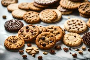 une variété de biscuits et biscuits sur une tableau. généré par ai photo