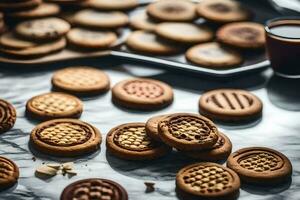 une table avec biscuits et une tasse de café. généré par ai photo