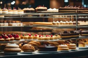 une afficher Cas rempli avec Gâteaux et des pâtisseries. généré par ai photo