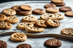 une variété de biscuits sur une marbre comptoir. généré par ai photo