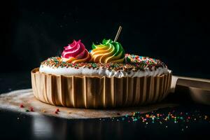 une gâteau avec coloré arrose et Glaçage. généré par ai photo