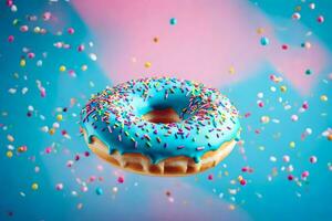 une bleu Donut avec arrose sur une coloré Contexte. généré par ai photo