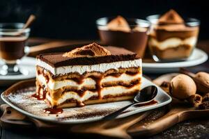 une tranche de tiramisu dessert sur une plaque. généré par ai photo