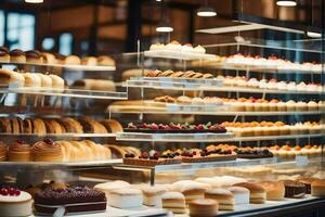 une boulangerie afficher Cas avec beaucoup différent les types de des pâtisseries. généré par ai photo