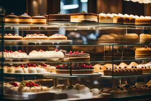 beaucoup différent les types de Gâteaux sont sur afficher dans une verre cas. généré par ai photo