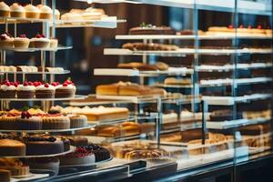 une afficher Cas rempli avec Gâteaux et des pâtisseries. généré par ai photo