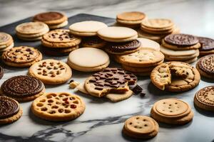 une collection de biscuits et biscuits sur une marbre comptoir. généré par ai photo