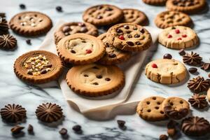 une variété de biscuits sur une marbre surface. généré par ai photo