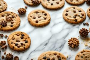 Chocolat puce biscuits sur une marbre comptoir. généré par ai photo