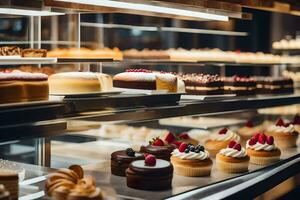 beaucoup différent les types de Gâteaux sont sur afficher dans une boulangerie. généré par ai photo