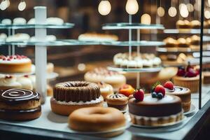 beaucoup différent les types de Gâteaux sont sur afficher dans une boulangerie. généré par ai photo