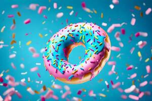 une Donut avec arrose sur une bleu Contexte. généré par ai photo